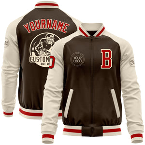 Custom Brown Red-Cream Bomber Varsity Letterman Two Tone Zipper Jacket