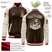 Charger l&#39;image dans la galerie, Custom Brown Vintage USA Flag Cream-Maroon Bomber Varsity Letterman Two Tone Zipper Jacket
