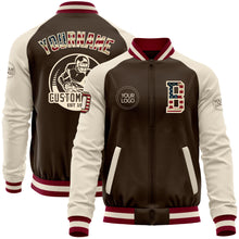 Charger l&#39;image dans la galerie, Custom Brown Vintage USA Flag Cream-Maroon Bomber Varsity Letterman Two Tone Zipper Jacket
