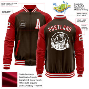 Custom Brown White-Red Bomber Varsity Letterman Two Tone Zipper Jacket