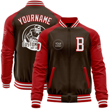 Custom Brown White-Red Bomber Varsity Letterman Two Tone Zipper Jacket