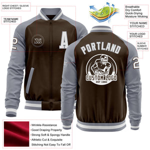 Custom Brown White-Gray Bomber Varsity Letterman Two Tone Zipper Jacket