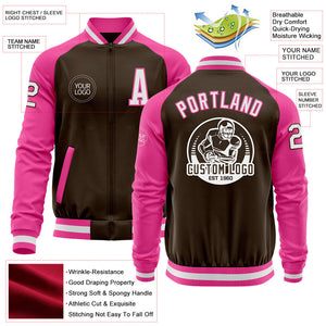 Custom Brown White-Pink Bomber Varsity Letterman Two Tone Zipper Jacket