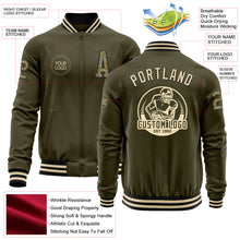 Load image into Gallery viewer, Custom Olive Camo Black-Cream Bomber Varsity Letterman Salute To Service Zipper Jacket
