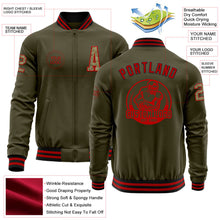 Load image into Gallery viewer, Custom Olive Camo Red-Black Bomber Varsity Letterman Salute To Service Zipper Jacket
