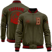 Load image into Gallery viewer, Custom Olive Camo Red-Black Bomber Varsity Letterman Salute To Service Zipper Jacket
