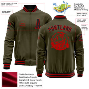 Custom Olive Black-Red Bomber Varsity Letterman Salute To Service Zipper Jacket