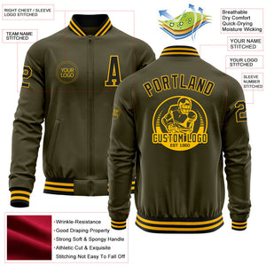 Custom Olive Black-Gold Bomber Varsity Letterman Salute To Service Zipper Jacket