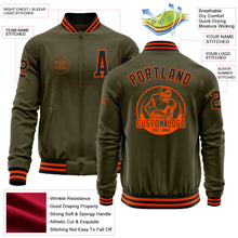 Load image into Gallery viewer, Custom Olive Black-Orange Bomber Varsity Letterman Salute To Service Zipper Jacket
