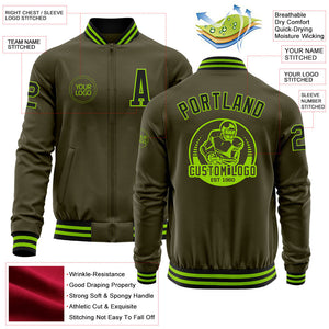 Custom Olive Black-Neon Green Bomber Varsity Letterman Salute To Service Zipper Jacket