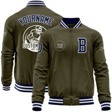 Load image into Gallery viewer, Custom Olive Navy-White Bomber Varsity Letterman Salute To Service Zipper Jacket
