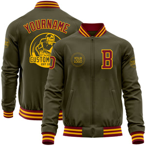 Custom Olive Crimson-Gold Bomber Varsity Letterman Salute To Service Zipper Jacket