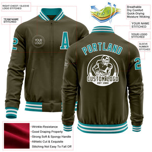 Custom Olive Teal-White Bomber Varsity Letterman Salute To Service Zipper Jacket