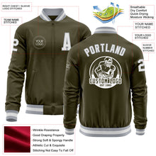 Load image into Gallery viewer, Custom Olive White-Gray Bomber Varsity Letterman Salute To Service Zipper Jacket
