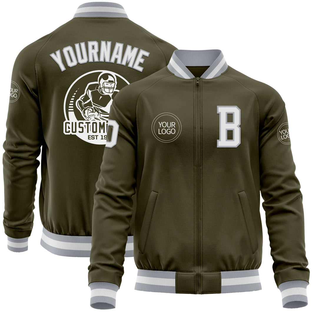 Custom Olive White-Gray Bomber Varsity Letterman Salute To Service Zipper Jacket