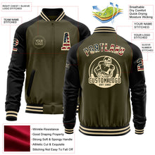 Charger l&#39;image dans la galerie, Custom Olive Vintage USA Flag Black-Cream Bomber Varsity Letterman Two Tone Salute To Service Zipper Jacket
