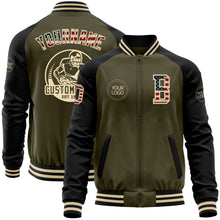 Charger l&#39;image dans la galerie, Custom Olive Vintage USA Flag Black-Cream Bomber Varsity Letterman Two Tone Salute To Service Zipper Jacket
