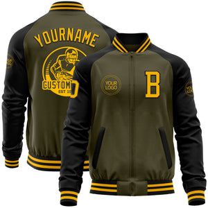 Custom Olive Gold-Black Bomber Varsity Letterman Two Tone Salute To Service Zipper Jacket