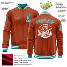 Laden Sie das Bild in den Galerie-Viewer, Custom Texas Orange Teal-White Bomber Varsity Letterman Zipper Jacket
