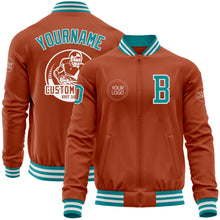 Laden Sie das Bild in den Galerie-Viewer, Custom Texas Orange Teal-White Bomber Varsity Letterman Zipper Jacket
