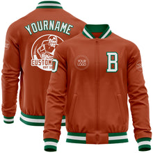 Laden Sie das Bild in den Galerie-Viewer, Custom Texas Orange White-Kelly Green Bomber Varsity Letterman Zipper Jacket
