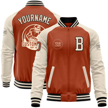 Custom Texas Orange Black-Cream Bomber Varsity Letterman Two Tone Zipper Jacket