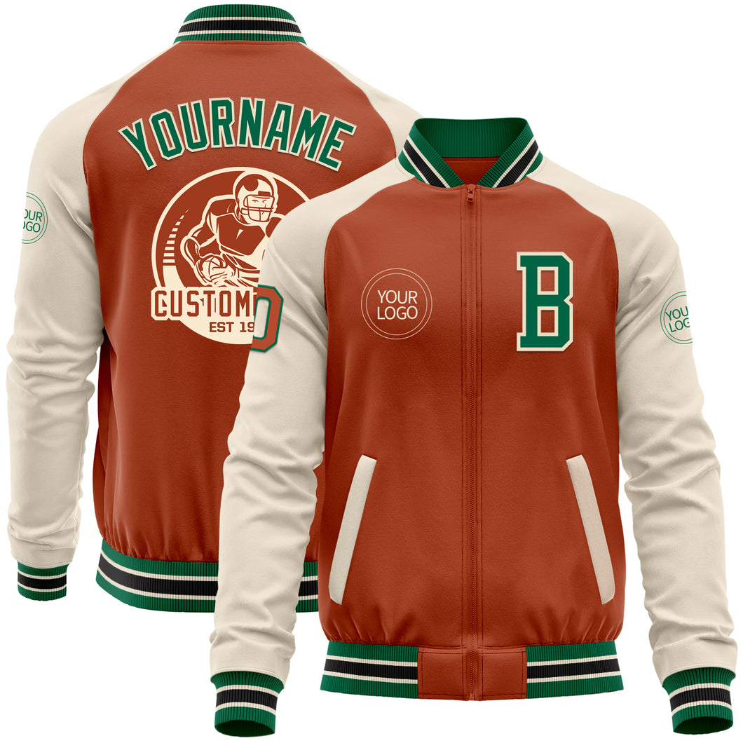 Custom Texas Orange Kelly Green Cream-Black Bomber Varsity Letterman Two Tone Zipper Jacket