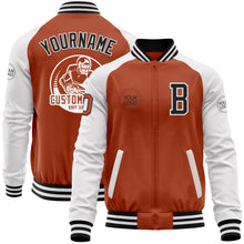 Laden Sie das Bild in den Galerie-Viewer, Custom Texas Orange Black-White Bomber Varsity Letterman Two Tone Zipper Jacket
