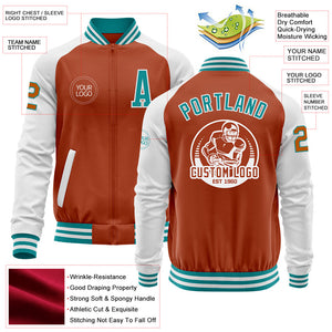 Custom Texas Orange Teal-White Bomber Varsity Letterman Two Tone Zipper Jacket