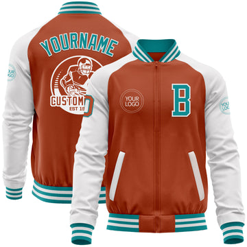 Custom Texas Orange Teal-White Bomber Varsity Letterman Two Tone Zipper Jacket