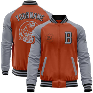 Custom Texas Orange Black-Gray Bomber Varsity Letterman Two Tone Zipper Jacket