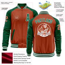 Laden Sie das Bild in den Galerie-Viewer, Custom Texas Orange White-Kelly Green Bomber Varsity Letterman Two Tone Zipper Jacket
