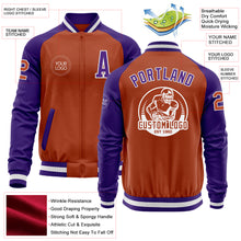 Laden Sie das Bild in den Galerie-Viewer, Custom Texas Orange White-Purple Bomber Varsity Letterman Two Tone Zipper Jacket
