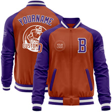 Laden Sie das Bild in den Galerie-Viewer, Custom Texas Orange White-Purple Bomber Varsity Letterman Two Tone Zipper Jacket
