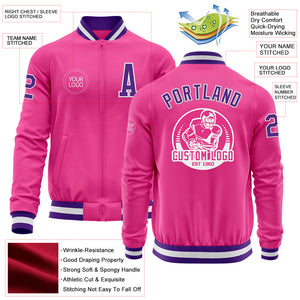 Custom Pink Purple-White Bomber Varsity Letterman Zipper Jacket