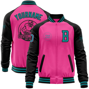 Custom Pink Teal-Black Bomber Varsity Letterman Two Tone Zipper Jacket