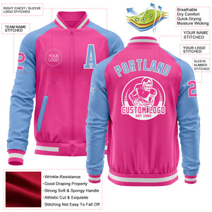 Custom Pink White-Light Blue Bomber Varsity Letterman Two Tone Zipper Jacket