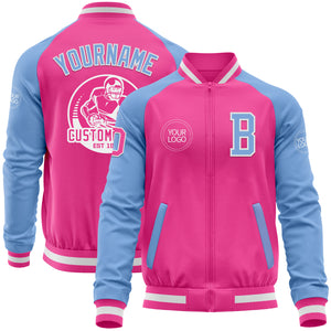 Custom Pink White-Light Blue Bomber Varsity Letterman Two Tone Zipper Jacket