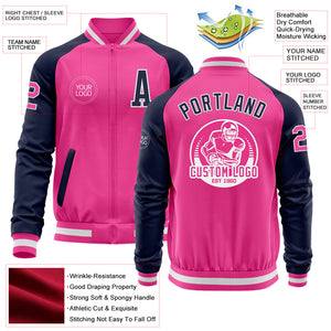 Custom Pink White-Navy Bomber Varsity Letterman Two Tone Zipper Jacket