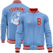 Laden Sie das Bild in den Galerie-Viewer, Custom Light Blue Red-White Bomber Varsity Letterman Zipper Jacket
