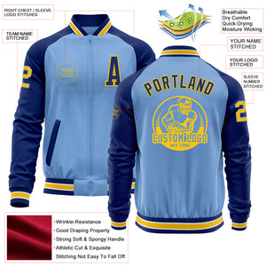 Custom Light Blue Yellow-Royal Bomber Varsity Letterman Two Tone Zipper Jacket