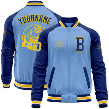 Custom Light Blue Yellow-Royal Bomber Varsity Letterman Two Tone Zipper Jacket