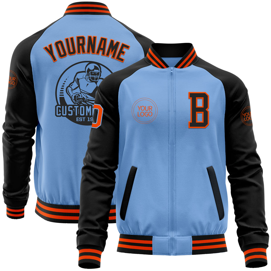 Custom Light Blue Orange-Black Bomber Varsity Letterman Two Tone Zipper Jacket