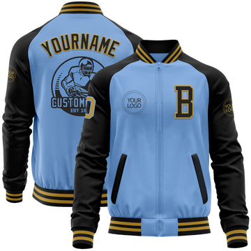 Custom Light Blue Old Gold-Black Bomber Varsity Letterman Two Tone Zipper Jacket