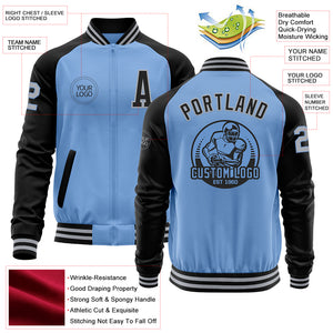 Custom Light Blue Gray-Black Bomber Varsity Letterman Two Tone Zipper Jacket