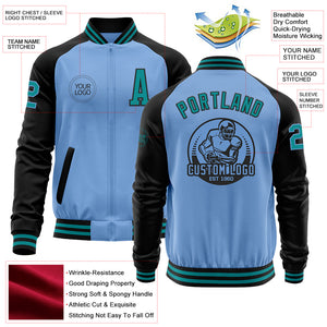 Custom Light Blue Teal-Black Bomber Varsity Letterman Two Tone Zipper Jacket