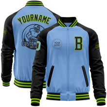 Load image into Gallery viewer, Custom Light Blue Neon Green-Black Bomber Varsity Letterman Two Tone Zipper Jacket
