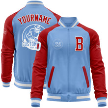 Load image into Gallery viewer, Custom Light Blue White-Red Bomber Varsity Letterman Two Tone Zipper Jacket
