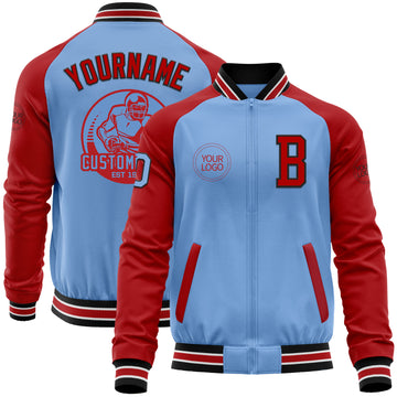 Custom Light Blue Black-Red Bomber Varsity Letterman Two Tone Zipper Jacket