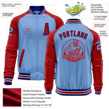 Load image into Gallery viewer, Custom Light Blue Royal-Red Bomber Varsity Letterman Two Tone Zipper Jacket
